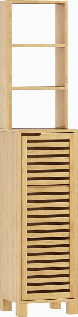Coluna Casa de Banho de Bambu com 3 Prateleiras Abertas Portas de Ripas Prateleiras Ajustáveis 34x30x170 cm Madeira