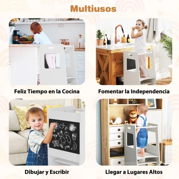 Banco de cozinha para crianças Torre de pé com quadro de actividades, altura ajustável e grade de segurança em madeira Branco