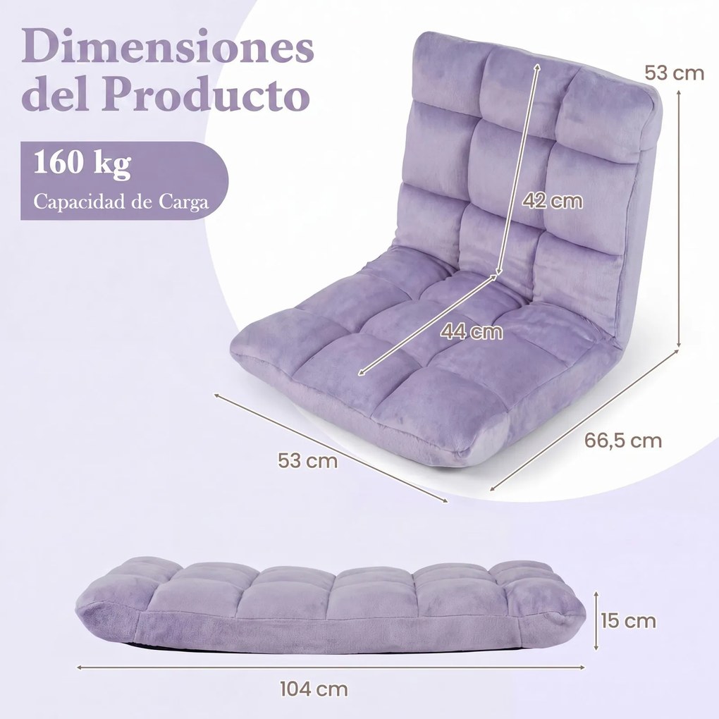 Cadeira de Chão Dobrável, 104 x 53 x 15 cm, Encosto Ajustável em 14 Posições, Roxo-claro