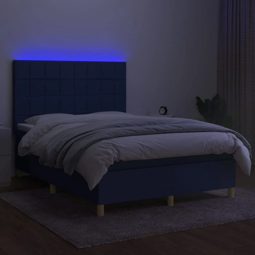 Cama box spring c/ colchão e LED 140x200 cm tecido azul