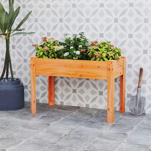 Floreira jardim elevada para plantas em madeira com orifícios de drenagem e espaços para frutas, legumes e ervas aromáticas Castanho avermelhado