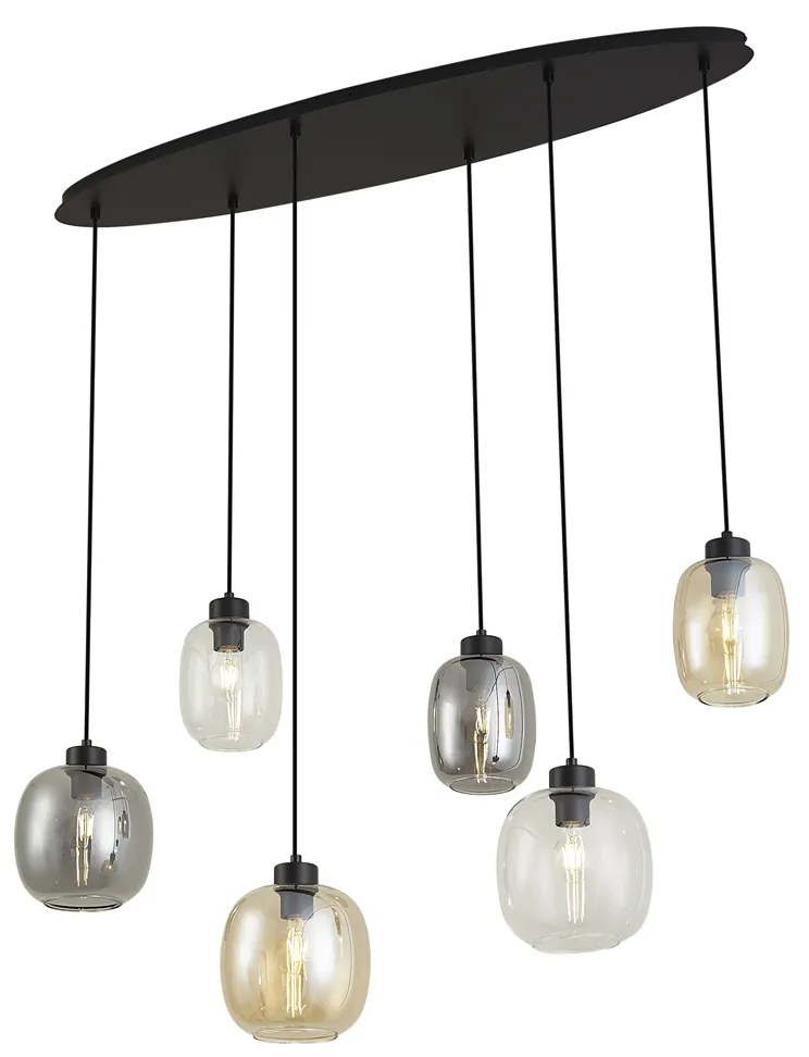 Candeeiro suspenso preto com vidro âmbar, fumê e transparente 6 luzes - Elena