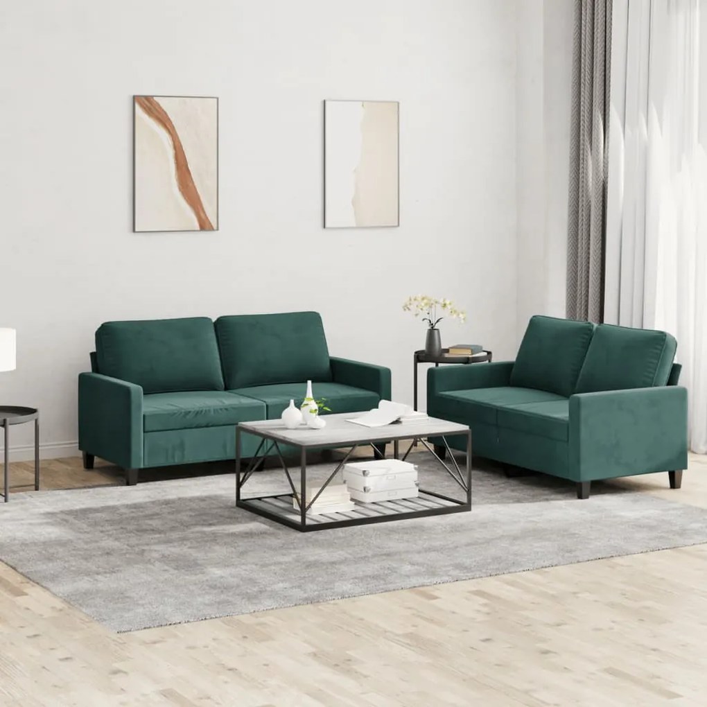 vidaXL 2 pcs conjunto de sofás com almofadões veludo verde-escuro