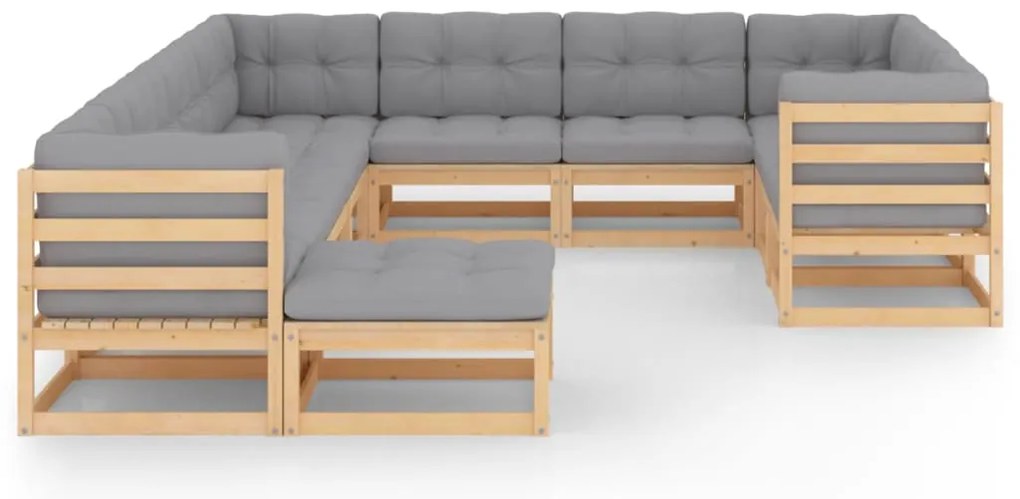 11 pcs conjunto lounge de jardim c/ almofadões pinho maciço