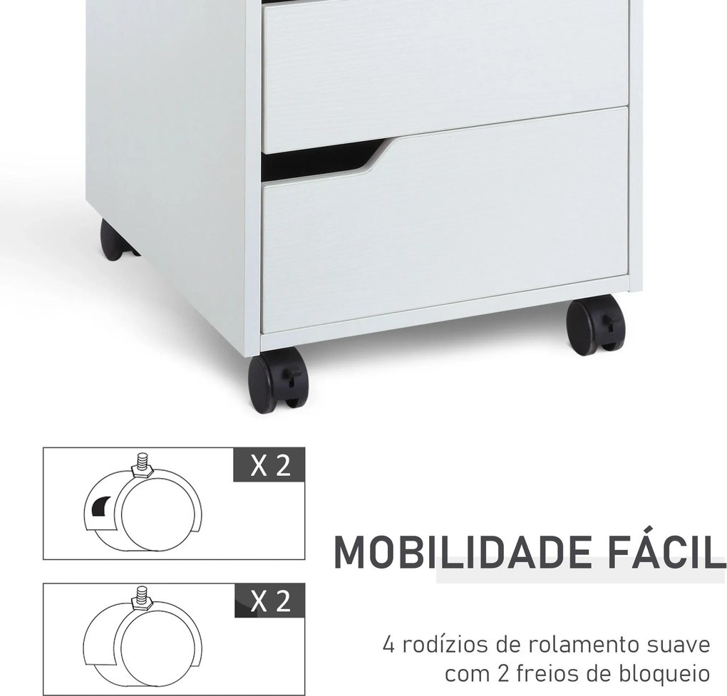 Bloco de Gavetas para Escritório Móvel de Escritório Bloco de Gavetas com 3 Gavetas e 4 Rodas 40x50x57,5 cm Branco