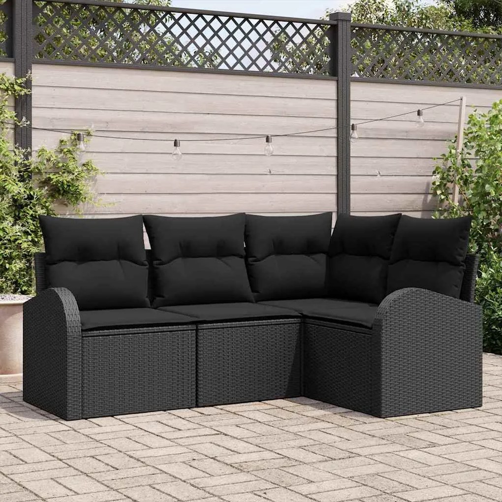 Conjunto de Sofá de 4 Peças para Jardim com Almofadas Preto Rattan Pol