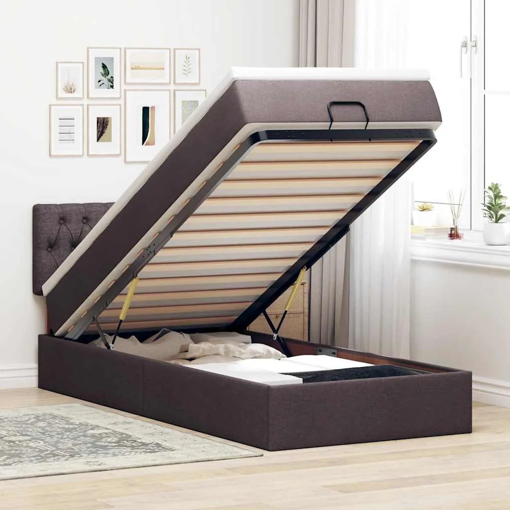 vidaXL Cama otomana com colchão 100x200 cm tecido castanho escuro