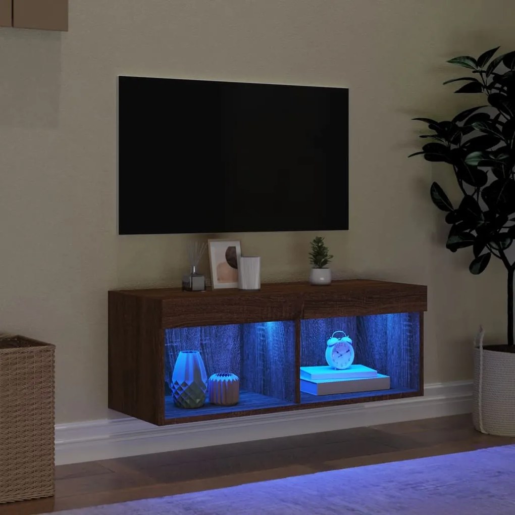 Móvel de TV com luzes LED 80x30x30 cm carvalho castanho