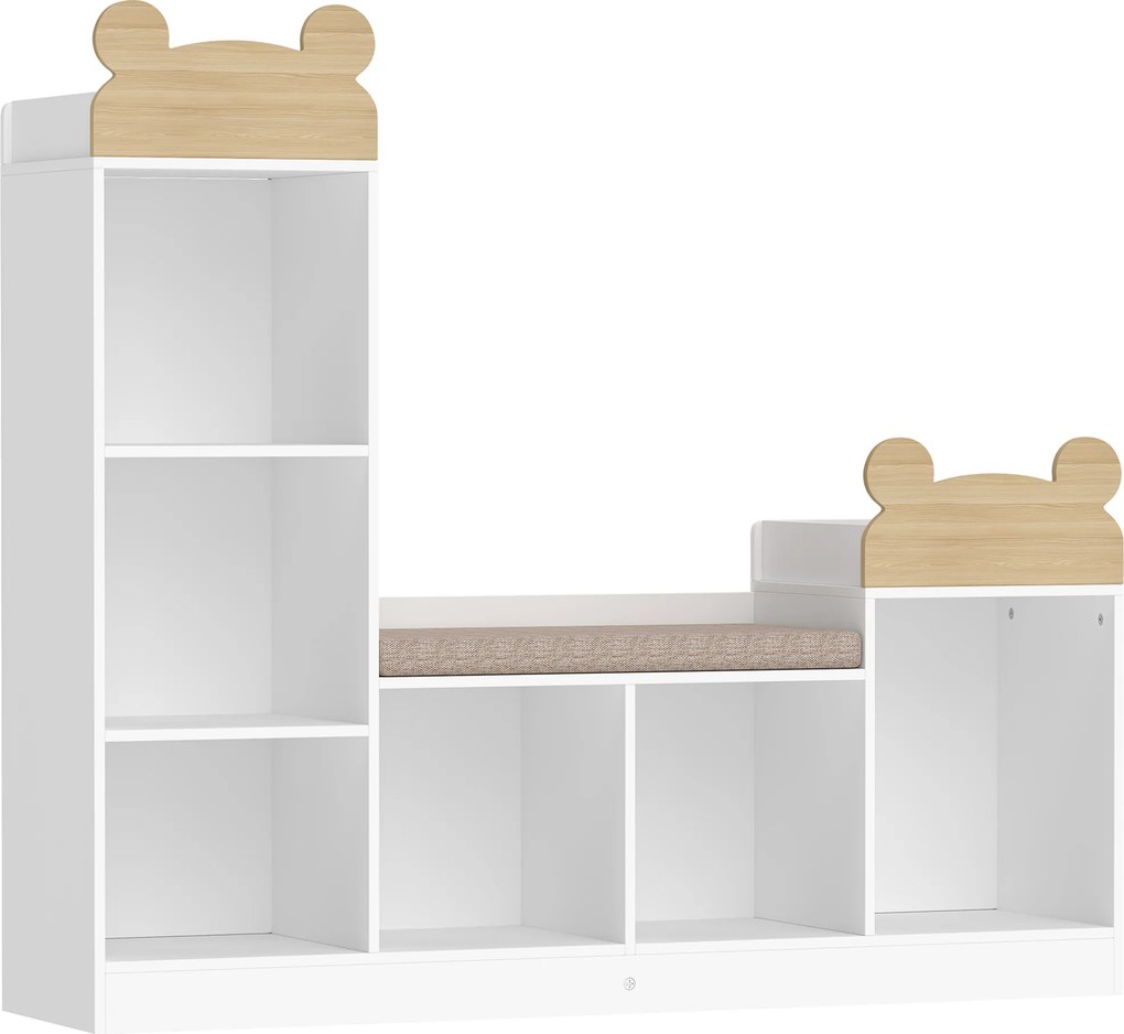 AIYAPLAY Biblioteca Infantil, Móvel de Arrumação Infantil 3 em 1 com Banco, 6 Compartimentos, 2 Prateleiras, Almofada de Assento, Branco | Aosom Portugal