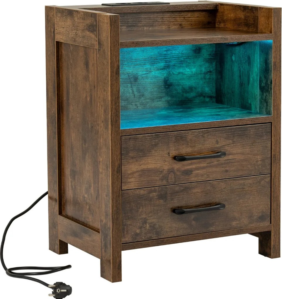 Mesa de cabeceira 45 x 35 x 60 cm com luzes LED e tomadas com 2 gavetas e prateleira aberta castanho