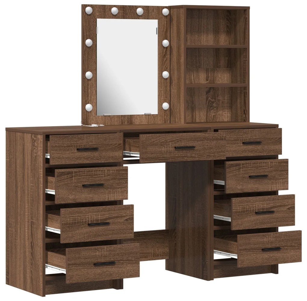Conjunto de Mesa de Maquiagem de 3 Peças com LED em Madeira de Carvalh