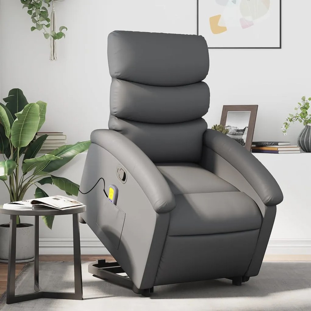 Poltrona massagens reclinável elevatória couro artif. cinzento