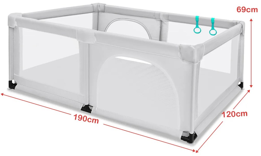 Parque infantil Centro de atividades portátil e seguro para crianças com cerca de malha respirável e fecho 120 x 190 x 69 cm cinza claro