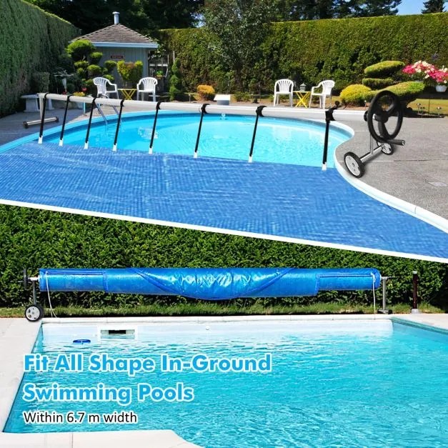 Carretel de cobertura piscina ajustável até 7 m com rodas de borracha para piscinas elevadas e enterradas