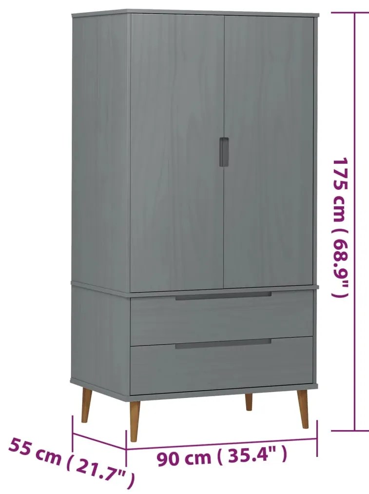Roupeiro MOLDE 90x55x175 cm pinho maciço cinza