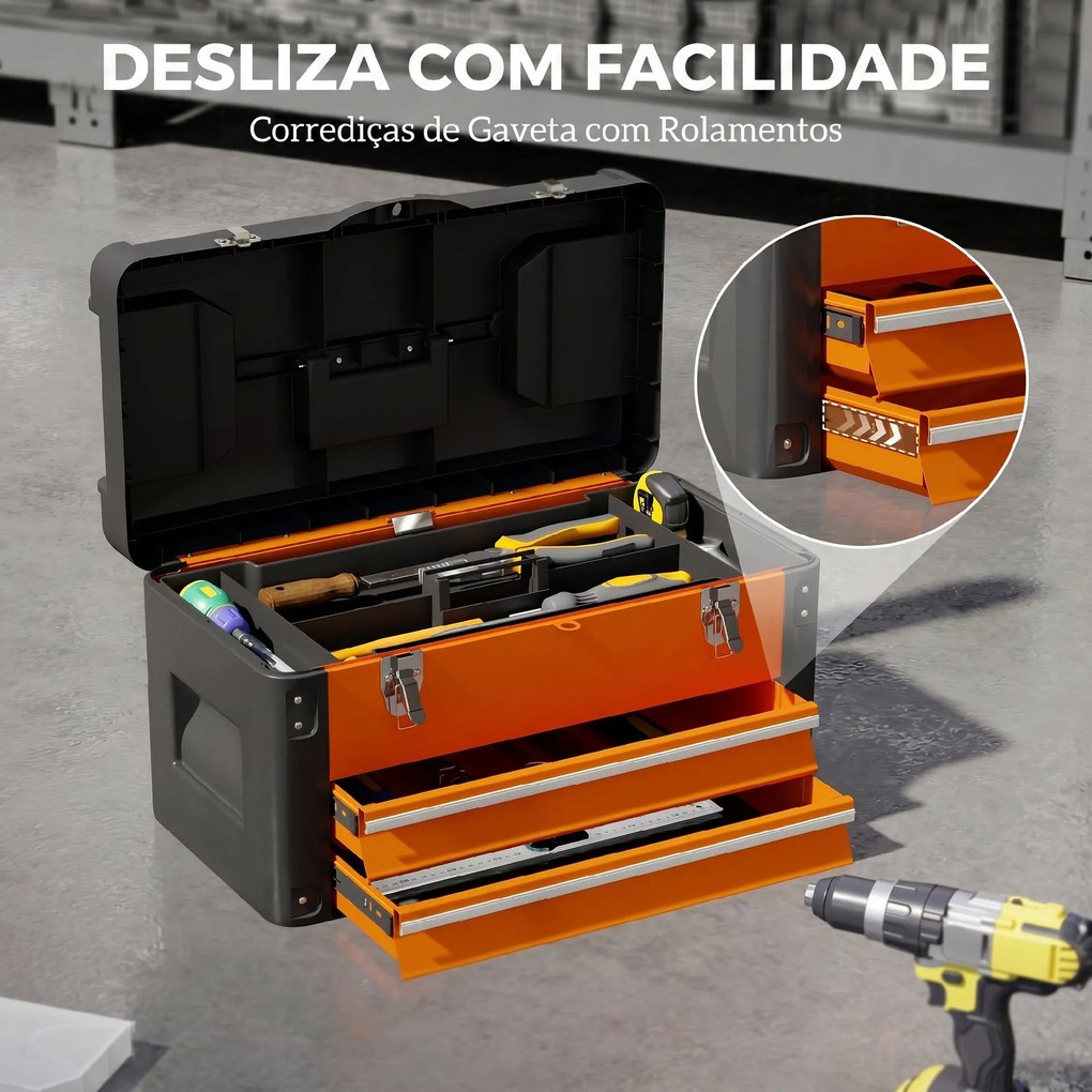 Mala de Ferramentas Resistente com 2 Gavetas e Asa de Transporte, Laranja