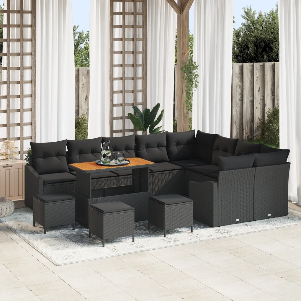 Conjunto de Sofás de Jardim vidaXL com 13 Peças e Almofadas Preto Vime de Polietileno Acácia