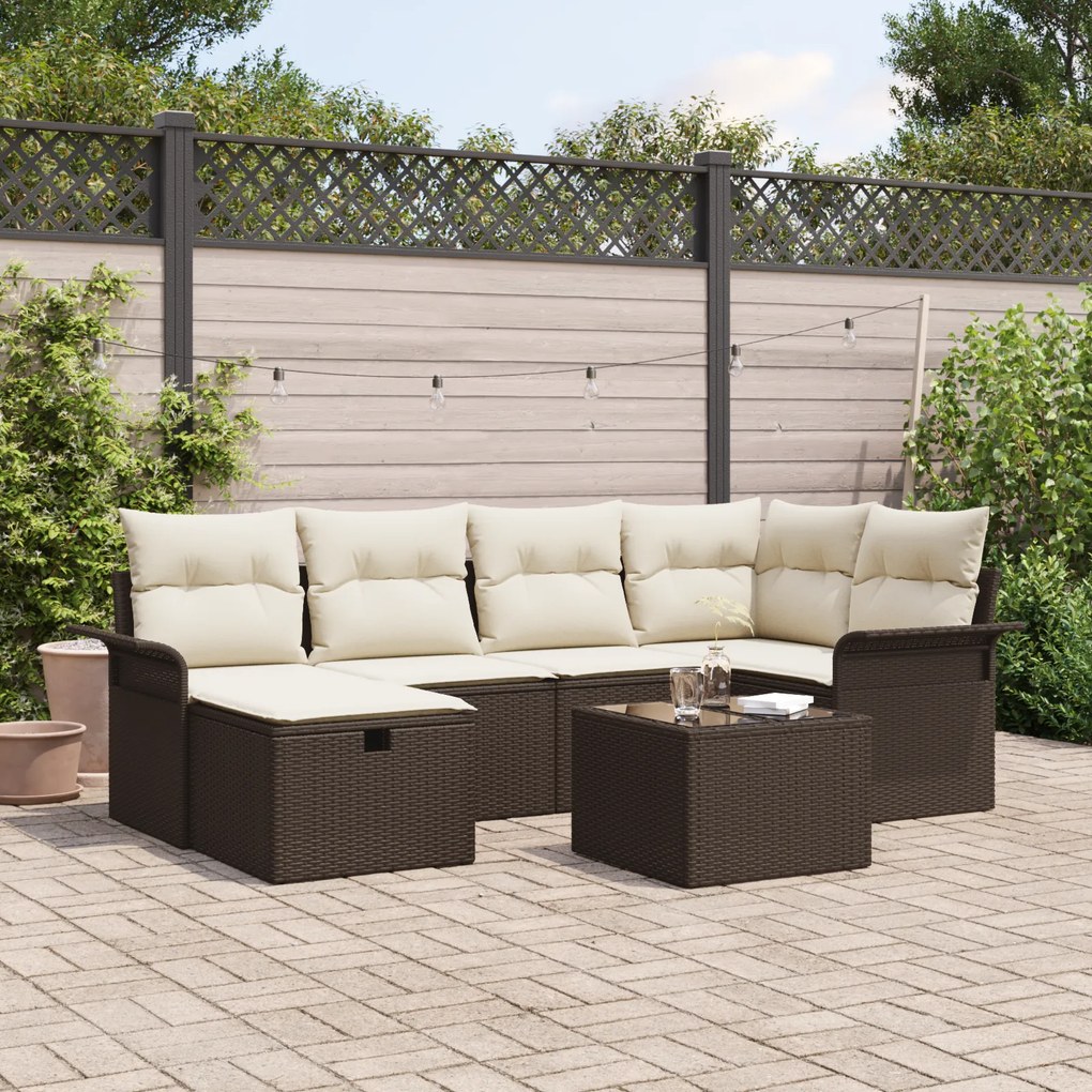 Conjunto de Sofá de Jardim de 7 Peças com Almofadas Castanho Poliratta