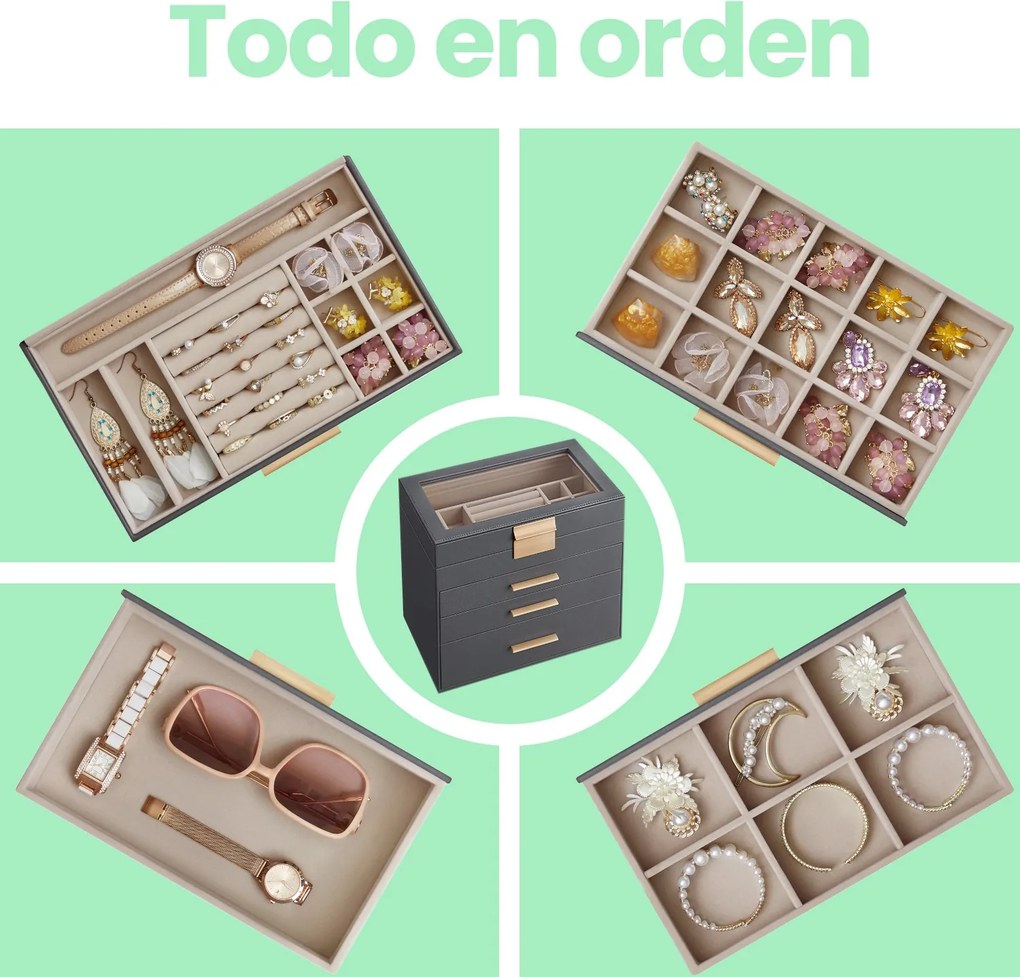 Caixa para joias com 4 níveis 15,3 x 25,1 x 21,5 cm cinzento-dourado