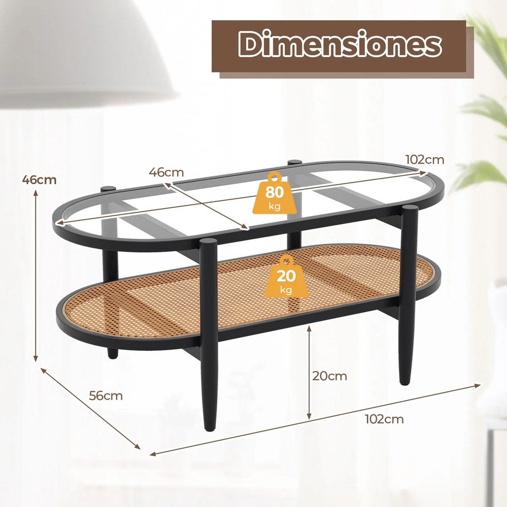 Mesa de centro oval de dois níveis com tampo em vidro temperado 102 x 46 x 46 cm, estante em vime e estrutura em madeira curvada para sala de estar ou