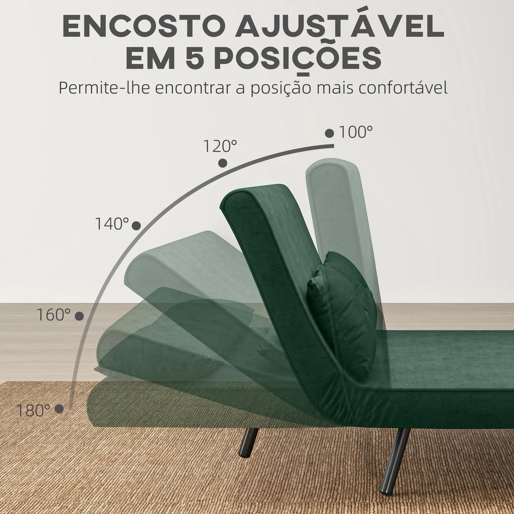 Sofá Cama Sofá Convertível em Cama de 2 Lugares Dobrável com Encosto Ajustável em 5 Níveis e 2 Almofadas 102x73x81 cm Verde