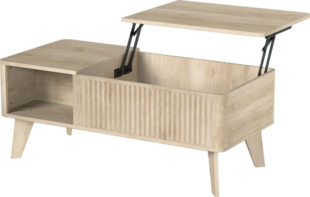 HOMCOM Mesa de Centro Elevável, Compartimento Oculto, 2 Prateleiras Abertas, Bordas Arredondadas, Estilo Mid-Century, 100x48x41cm, Carvalho | Aosom Portugal