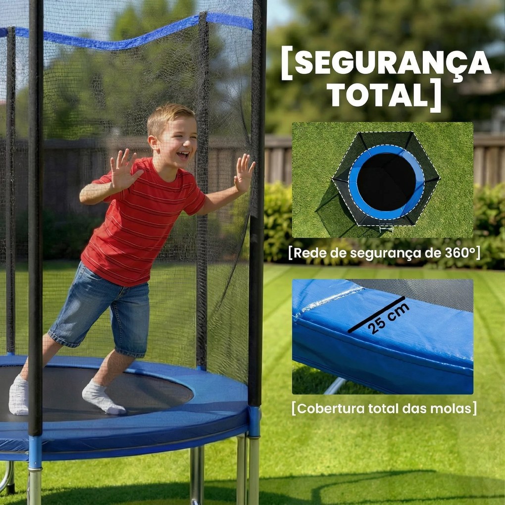 Trampolim Exterior Ø183 cm Trampolim para Crianças com Rede de Segurança Escada e Acolchoamento de Molas Azul