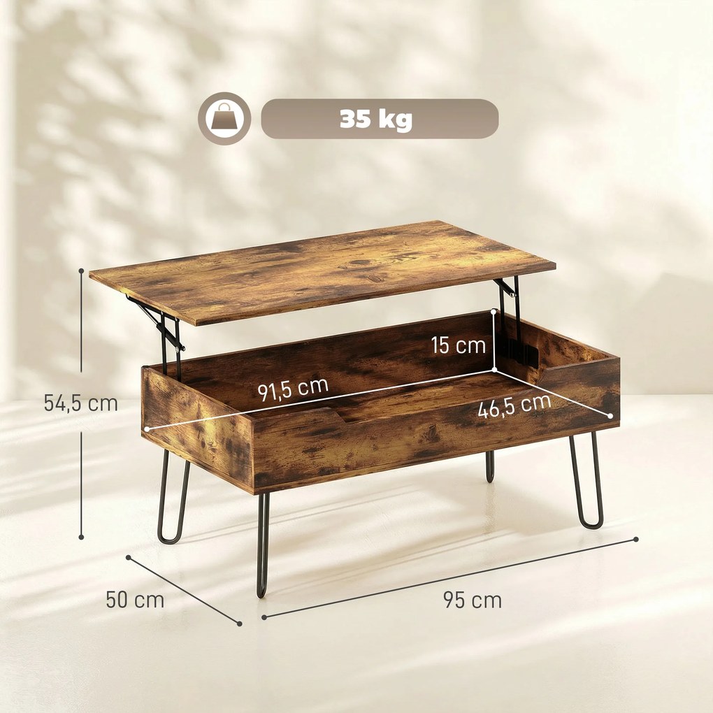 Mesa de Centro Retangular em Madeira com Grande Armazenamento Oculto Altura Ajustável 95x50x40 cm Castanho Rústico
