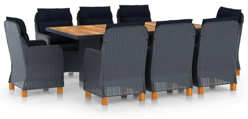 vidaXL 9 pcs conj. jantar exterior c/ almofadões vime PE cinza-escuro