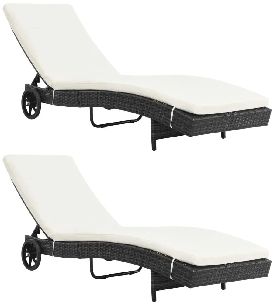 vidaXL Espreguiçadeiras com rodas e almofadões 2 pcs vime PE preto