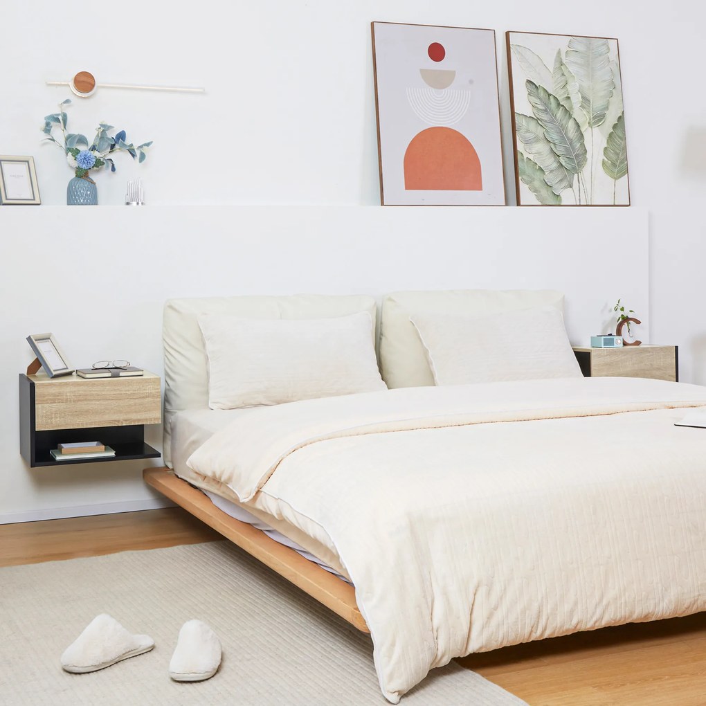 Conjunto de 2 Mesas de Cabeceira Flutuantes com 1 Gaveta e Prateleira Aberta 46x30x30 cm Carvalho e Preto