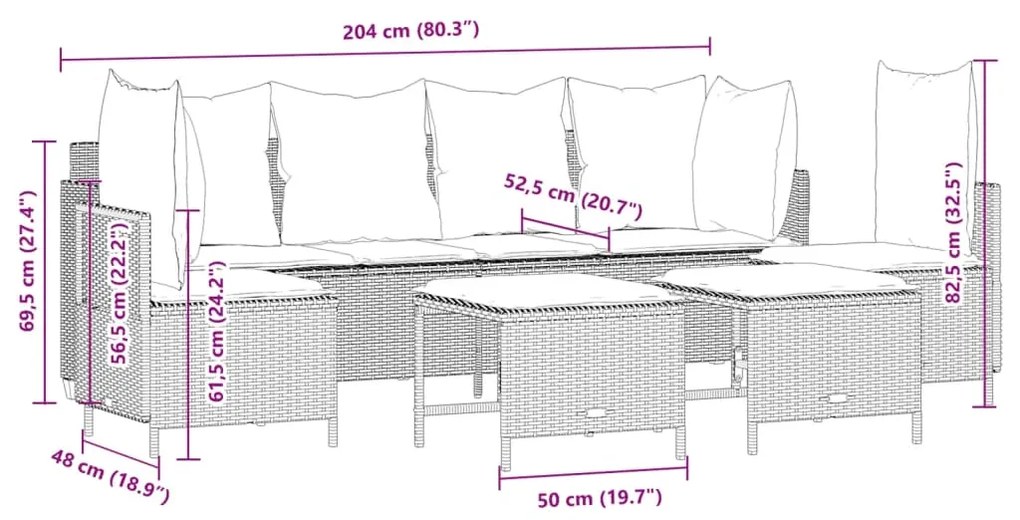 5 pcs conjunto de sofás p/ jardim com almofadões vime PE bege