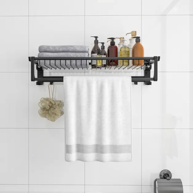 Toalheiro de casa de banho dobrável com barra ajustável e ganchos móveis Estante de alumínio resistente à ferrugem e à água 59,5 x 26 x 14 cm Preto
