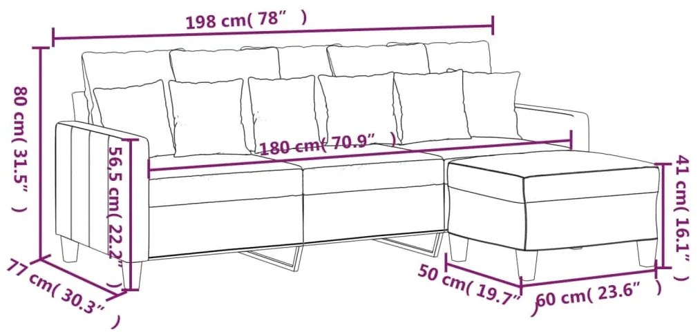 Sofá de 3 lugares com apoio de pés 180 cm tecido cinzento-claro