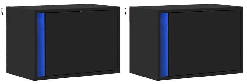 Mesas de cabeceira de parede com luzes LED 2 pcs preto
