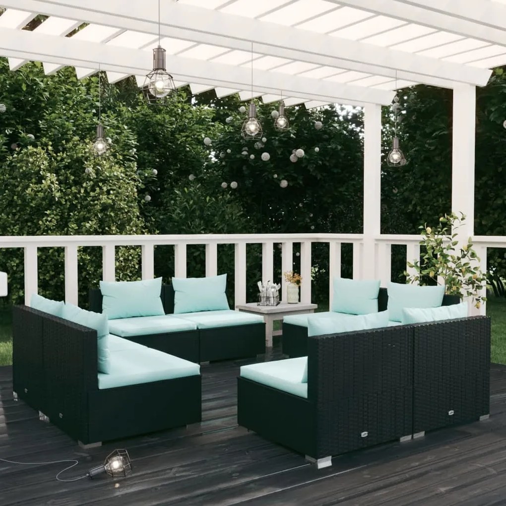vidaXL 8 pcs conjunto lounge de jardim c/ almofadões vime PE preto