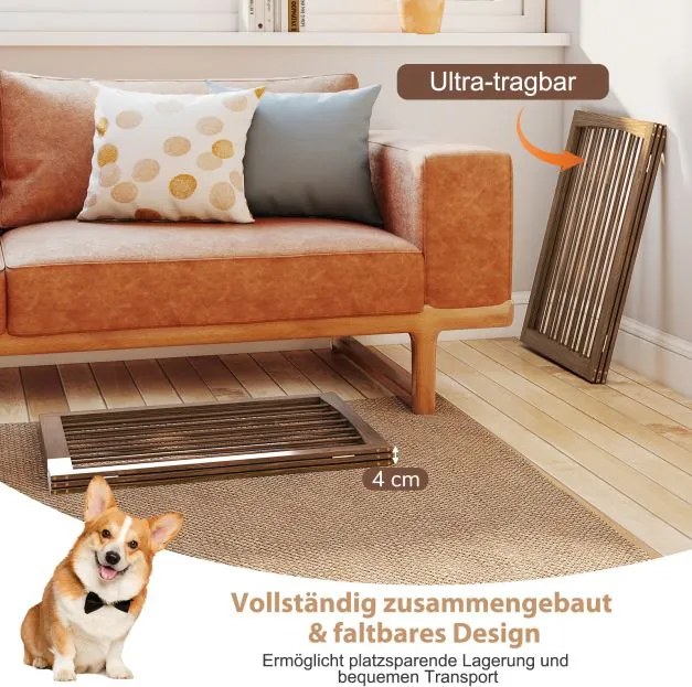Barreira de segurança para cães em 3 partes, barreira de madeira, barreira para escadas com 76 cm de altura, dobrável, Castanho.