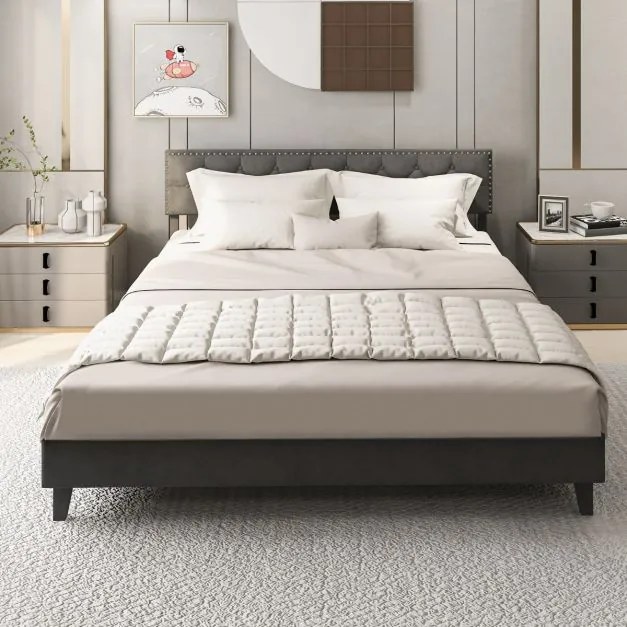 Estrutura Cama 200 x 180 cm em madeira estofada (Sem colchão), estrutura moderna com cabeceira acolchoada, botões para colchão, fácil montagem, cinza