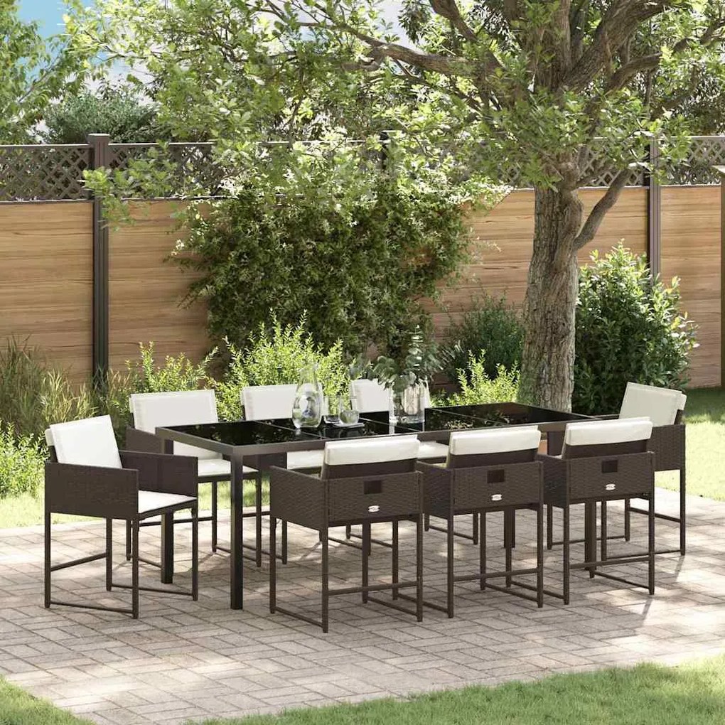 vidaXL Conjunto de Jantar de Jardim de 9 Peças com Almofadas, Rattan Sintético Marrom