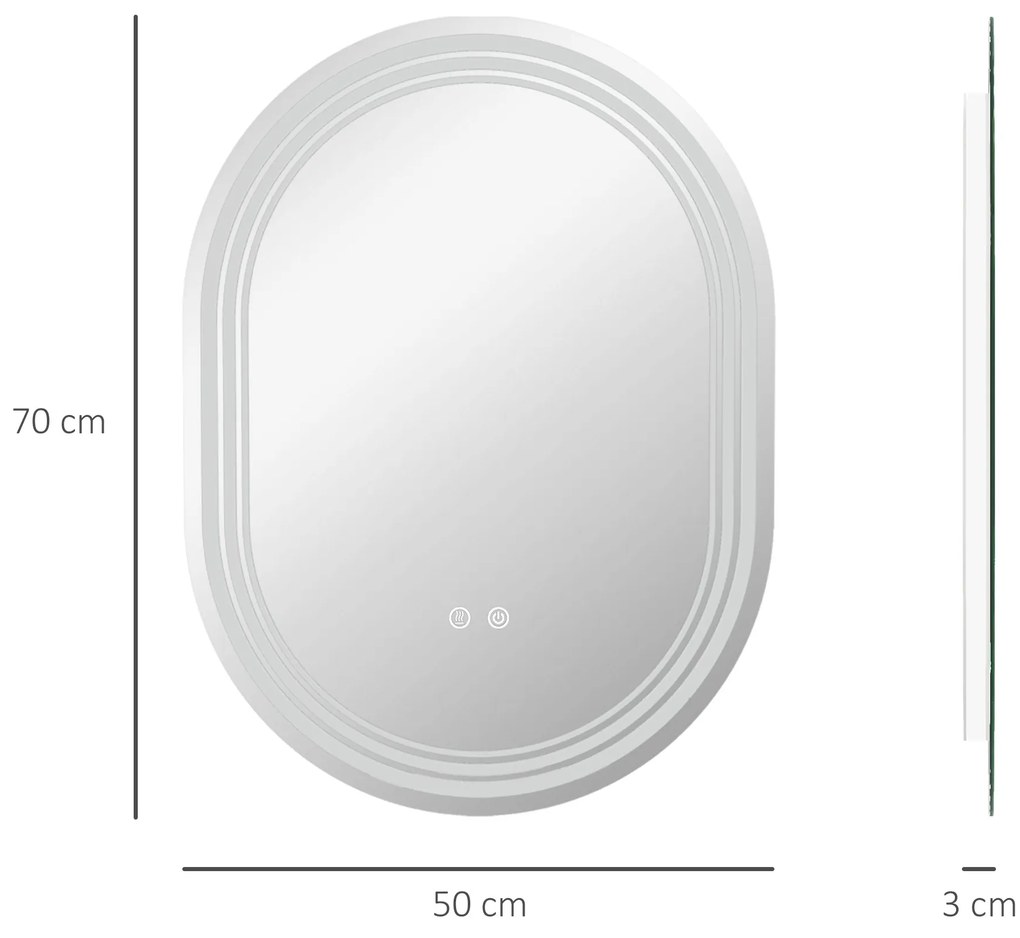 Espelho Casa de Banho com Iluminação 70x50 cm Espelho de Parede com 3 Cores de Luz Brilho Ajustável Função Anti-Embaciamento Função Memória