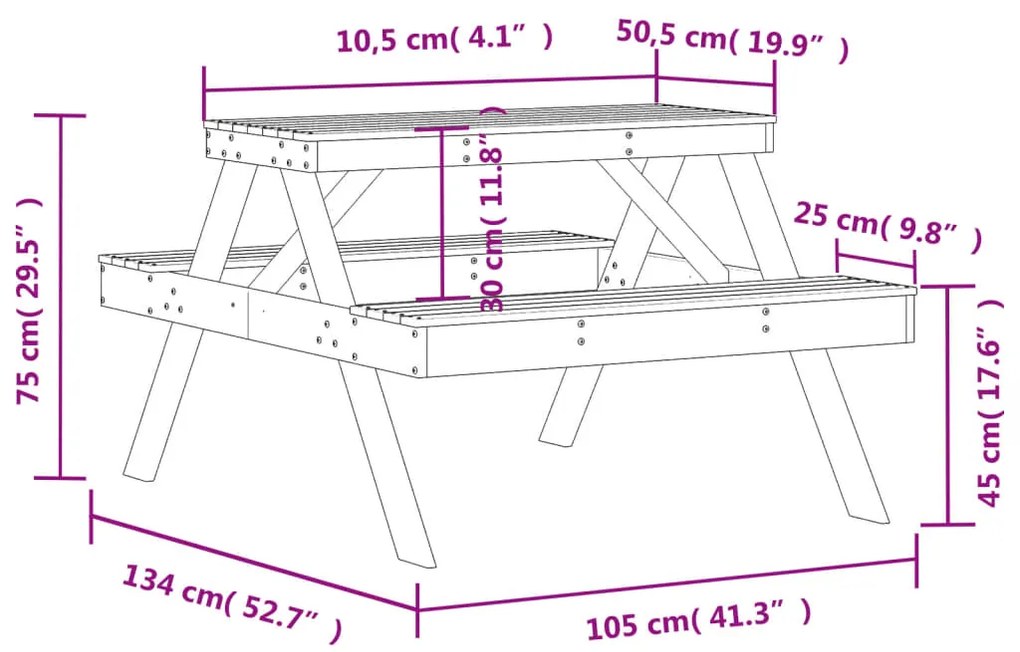 Mesa de piquenique 105x134x75 cm pinho maciço castanho-mel