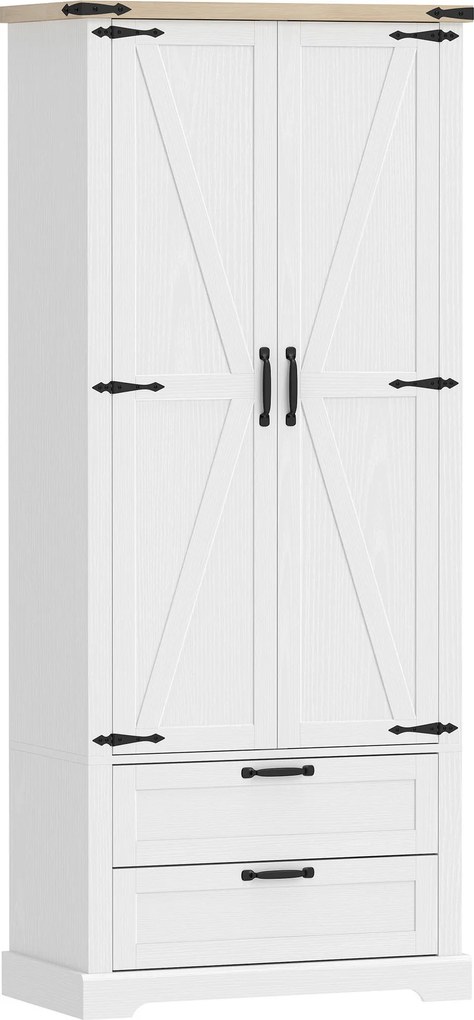 Armário de cozinha 76 x 40 x 180 cm, com 2 portas, 2 gavetas, prateleiras ajustáveis, estilo rústico, branco
