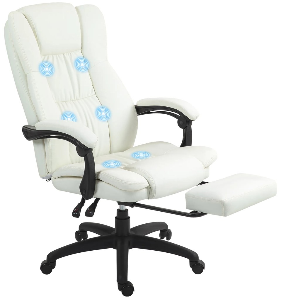 Vinsetto Cadeira Escritório Ajustável 6 Pontos Massagem Apoio Pés Retrátil Conforto Ergonomia 68,5x68,5x113-121 cm Creme | Aosom Portugal