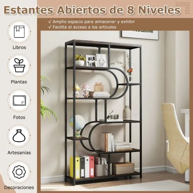 Estante de 8 prateleiras abertas 95 x 30 x 175 cm Design em forma de U Estrutura metálica castanho