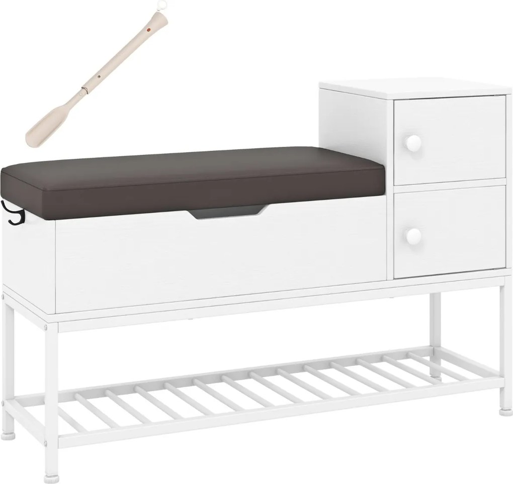Banco para entrada para sapatos 100 x 30 x 68 cm com caixa rebatível e 2 portas Almofada de assento Branco