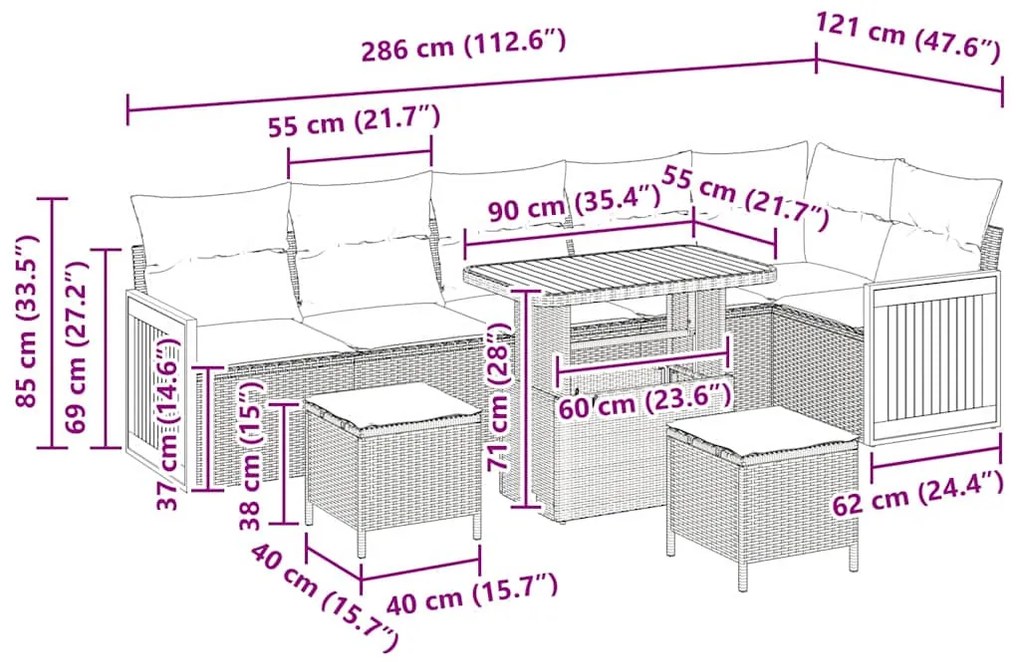 Conjunto de Sofá de Jardim vidaXL 9 Peças com Almofadas Cinza Rattan A