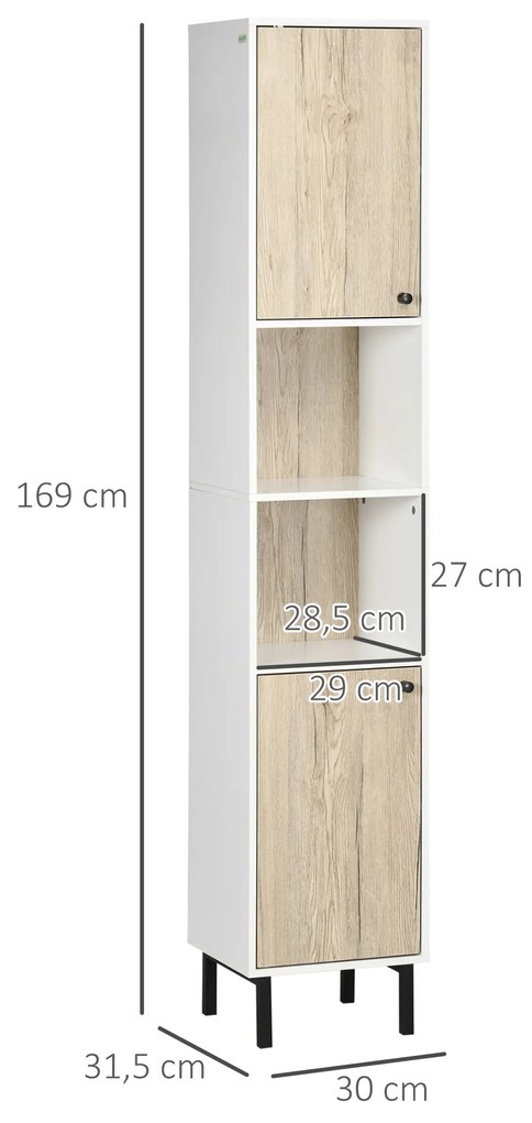 Coluna Casa de Banho Armário Alto Auxiliar de Casa de Banho com 2 Portas e 6 Prateleiras para Duche Estilo Moderno 30x31,5x169cm Branco e Carvalho