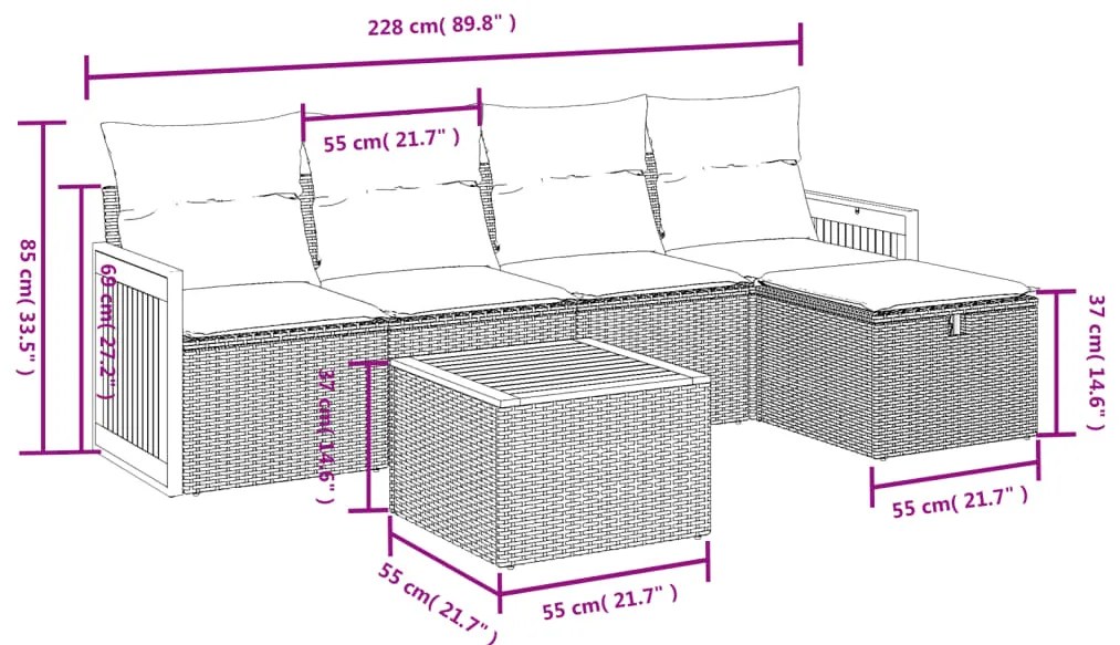 6 pcs conjunto sofás de jardim c/ almofadões vime PE preto