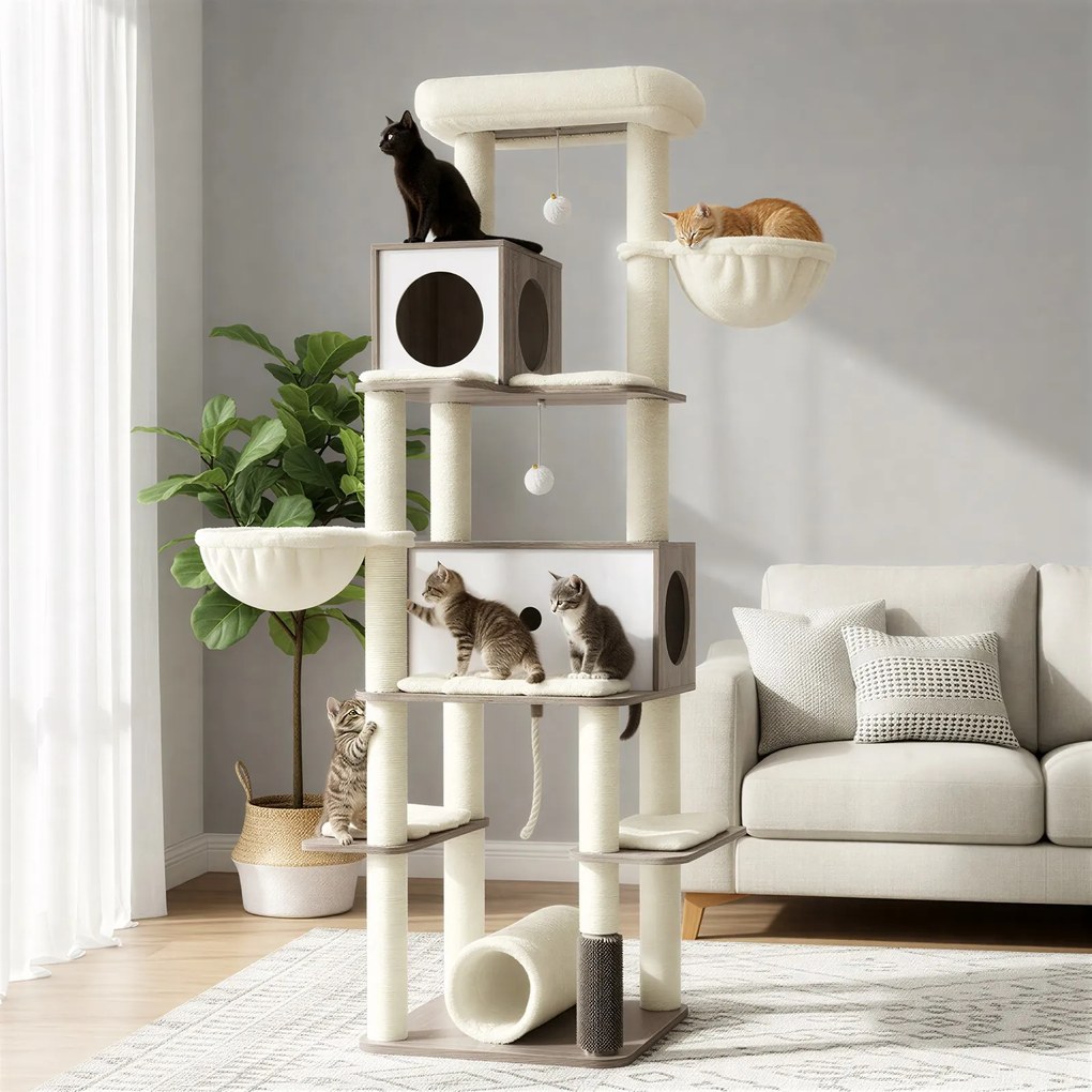 Arranhador para gatos de vários andares com cavernas 60 x 60 x 197 cm bege