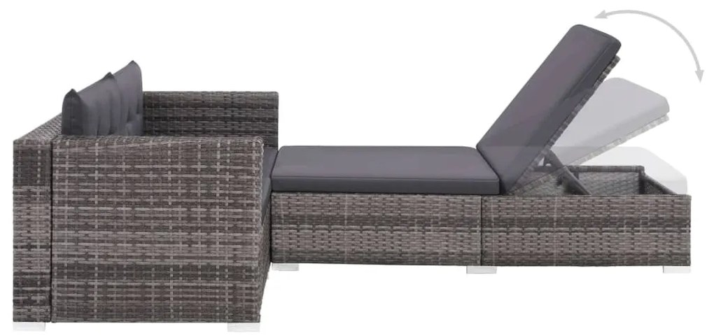 3 pcs conjunto lounge de jardim c/ almofadões vime PE cinzento